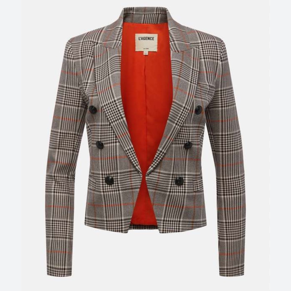 NWT L'Agence Gray and Orange Plaid Brooke Double Breasted Crop Blazer